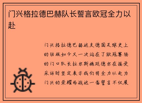 门兴格拉德巴赫队长誓言欧冠全力以赴